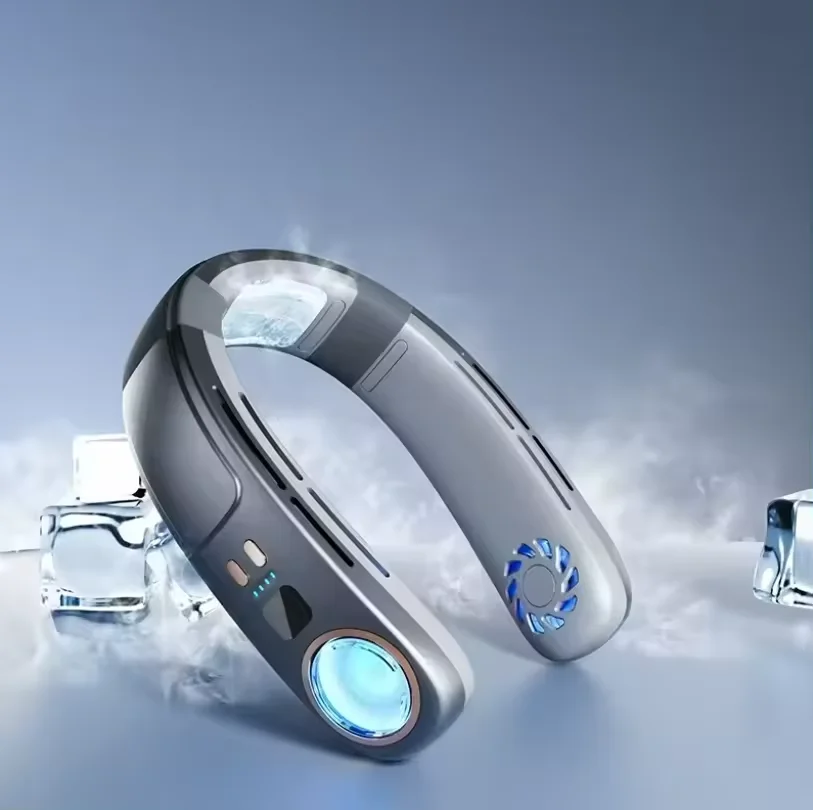 New Design Ice Feel Portable Bladeless Cooling Foldable Neck Hanging Fan USB Charging Rechargeable Wireless Hands Free Neck Fan