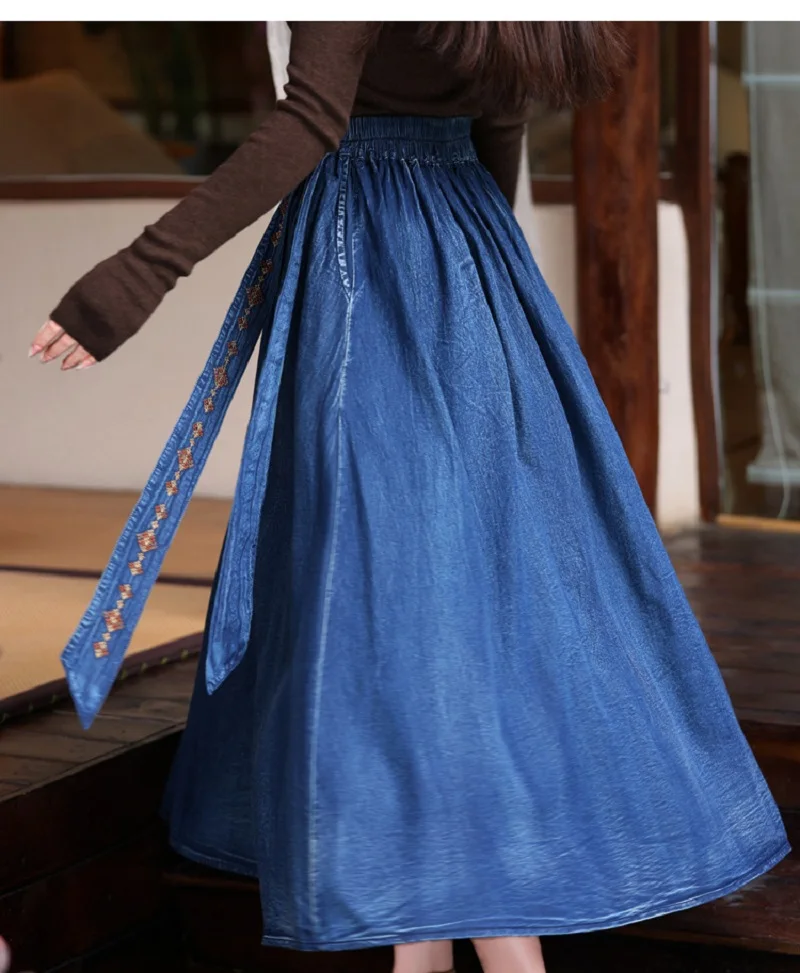 Custom Pleated Skirt Retro Embroidered Skirt Versatile Floral-Embroidered Washed Denim Jeans Women Casual Vintage Style Summer