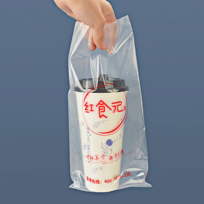 custom die cut plastic hdpe bag with handle take out plastic bag for drink to go takeaway milk tea plastic bag with logo