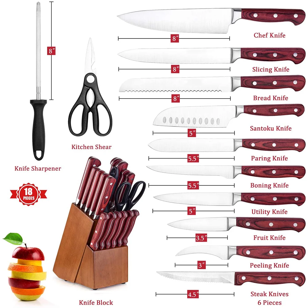 Набор кухонных ножей lo mas vendido из 18 предметов, немецкий Высокоуглеродистый кухонный нож из нержавеющей стали с деревянным блоком, 6 ножей для стейка