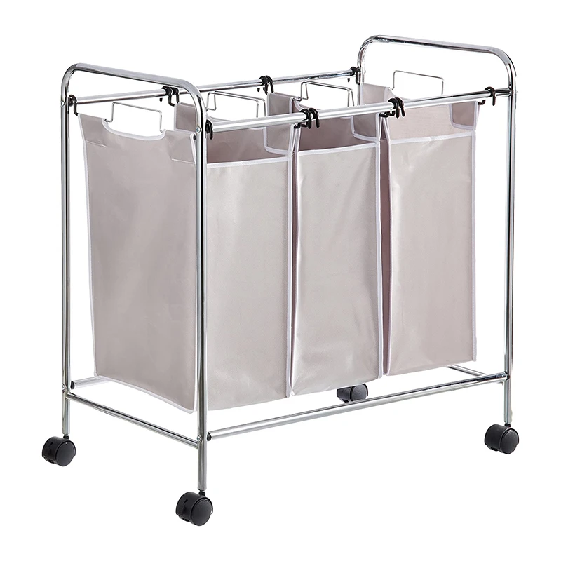 Wholesale Heavy Duty Nylon Dirty Clothes Cleaning Garment Laundry Sorter Basket 3 Compartments Wash Bags With Shelf On Wheel