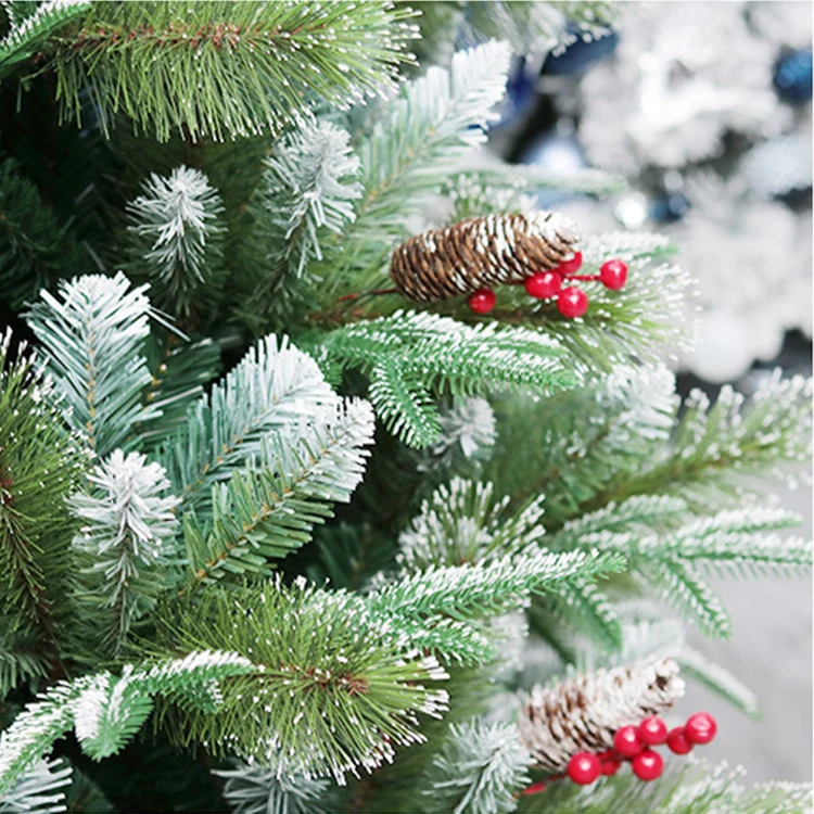Custom High Quality 120-300cm Pine Needle Red Berry PE PVC Leaf Big Green Automatic Christmas Tree With White Snow Flock Tips