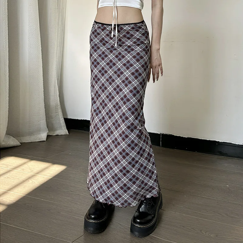 GIMILY oem custom American style college style fashionable plaid split skirt Sexy and versatile mid length diamond plaid skirt