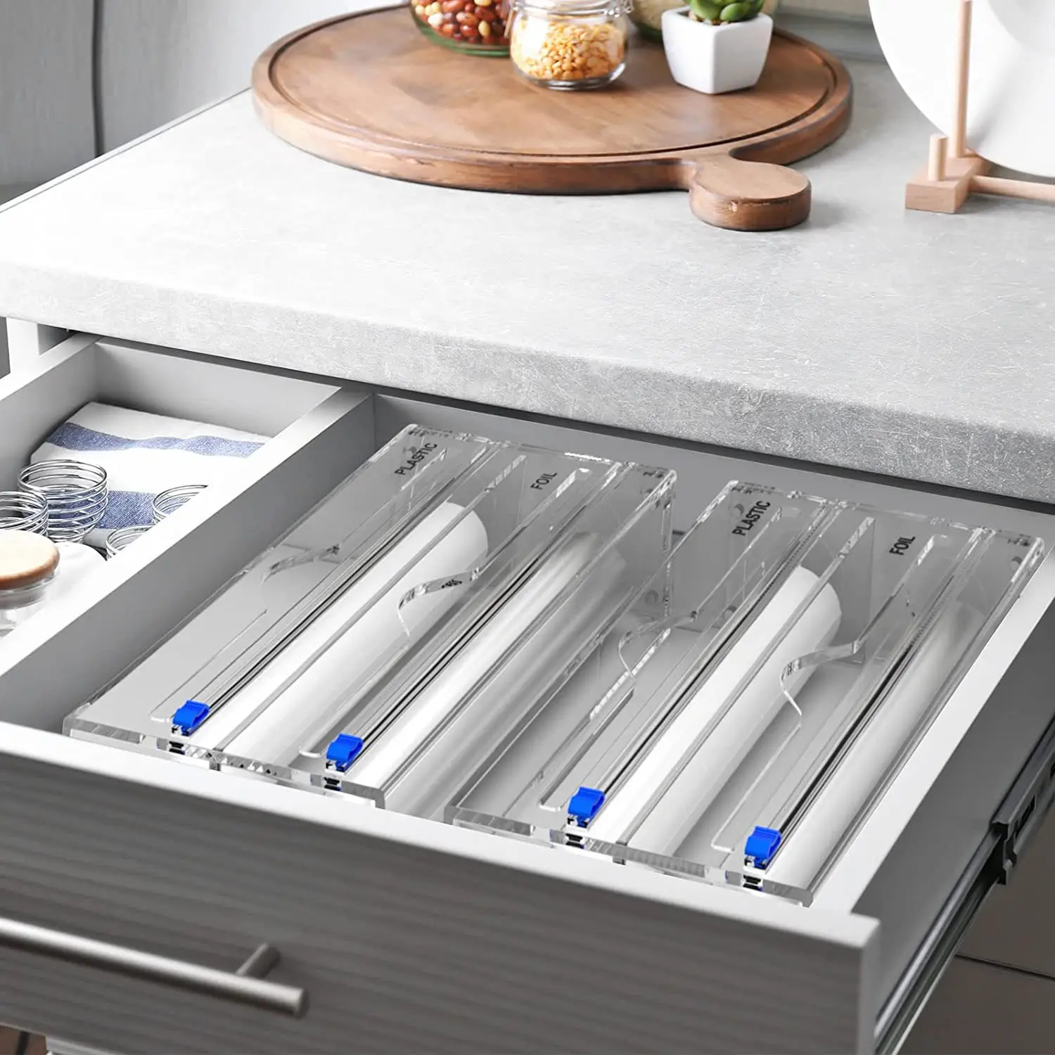 3 in 1  Foil Dispenser with Slide Cutter and Labels  Plastic Wrap Aluminum Foil Acrylic Roll Organizer Holder