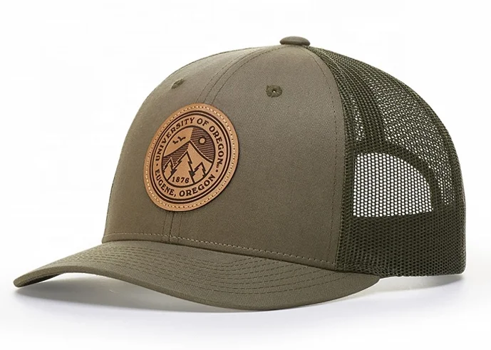 Custom Black Cotton Twill Trucker Mesh Caps Hats with Leather Patch Logo
