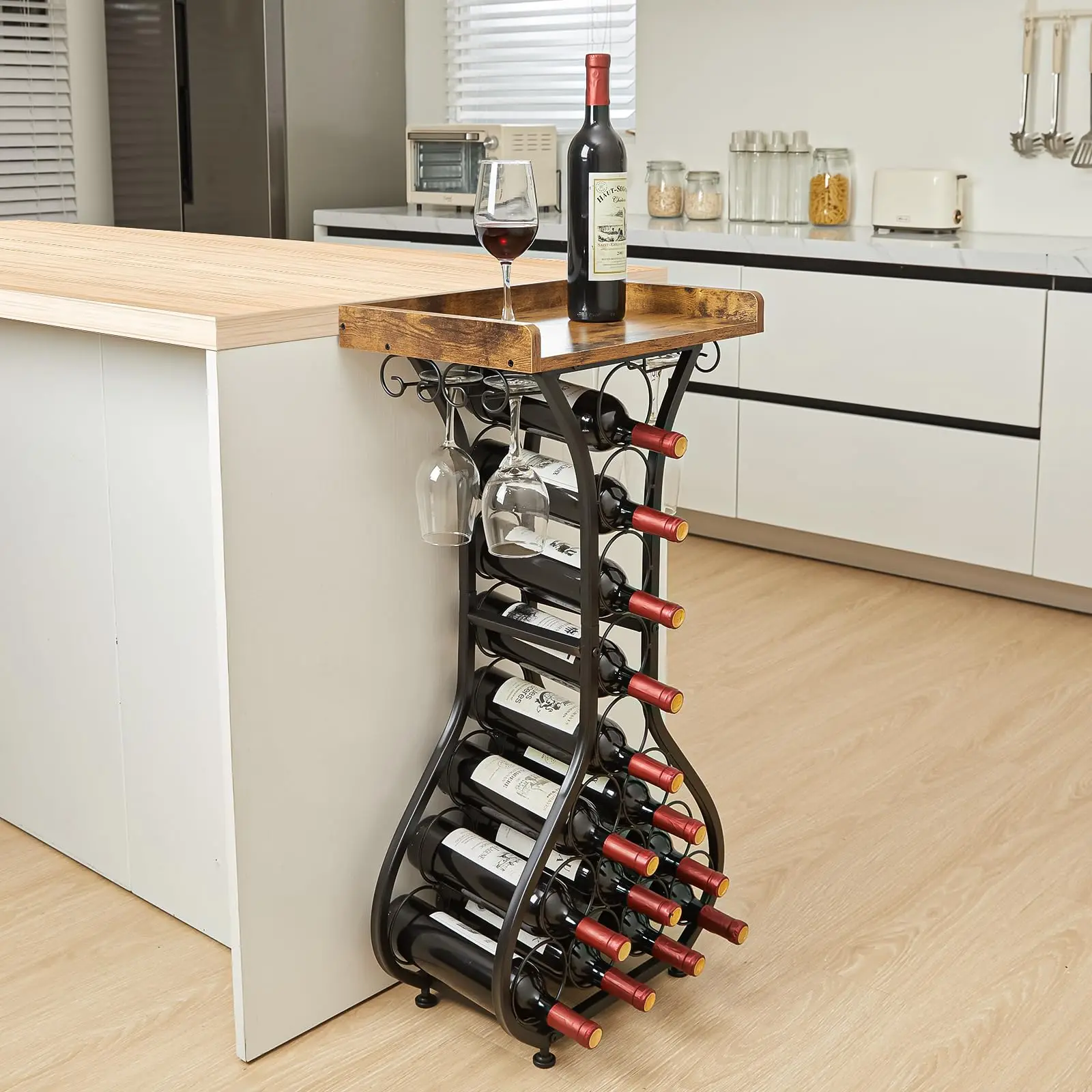 Wine Rack Freestanding Floor Mini Bar Table Wine Holder Stand Liquor Cabinet with Glass Holder Wood Tabletop 14 Bottles