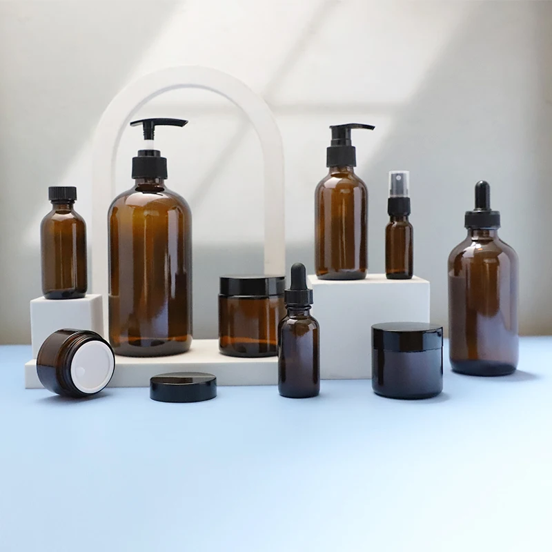 Boston round amber Bottle cosmetic packaging container skin care shampoo pump spray  sets