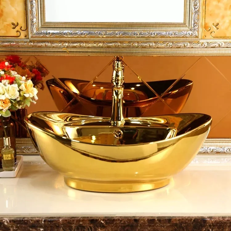 New Elegant bathroom sink ceramic gold electroplate golden wash basin