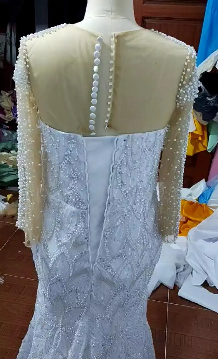 2024 Wedding Dress Mermaid Sheer Neck Long Sleeves Pearl Beaded Rehinestones Bridal Gowns For African Arabic Nigeria Black Women