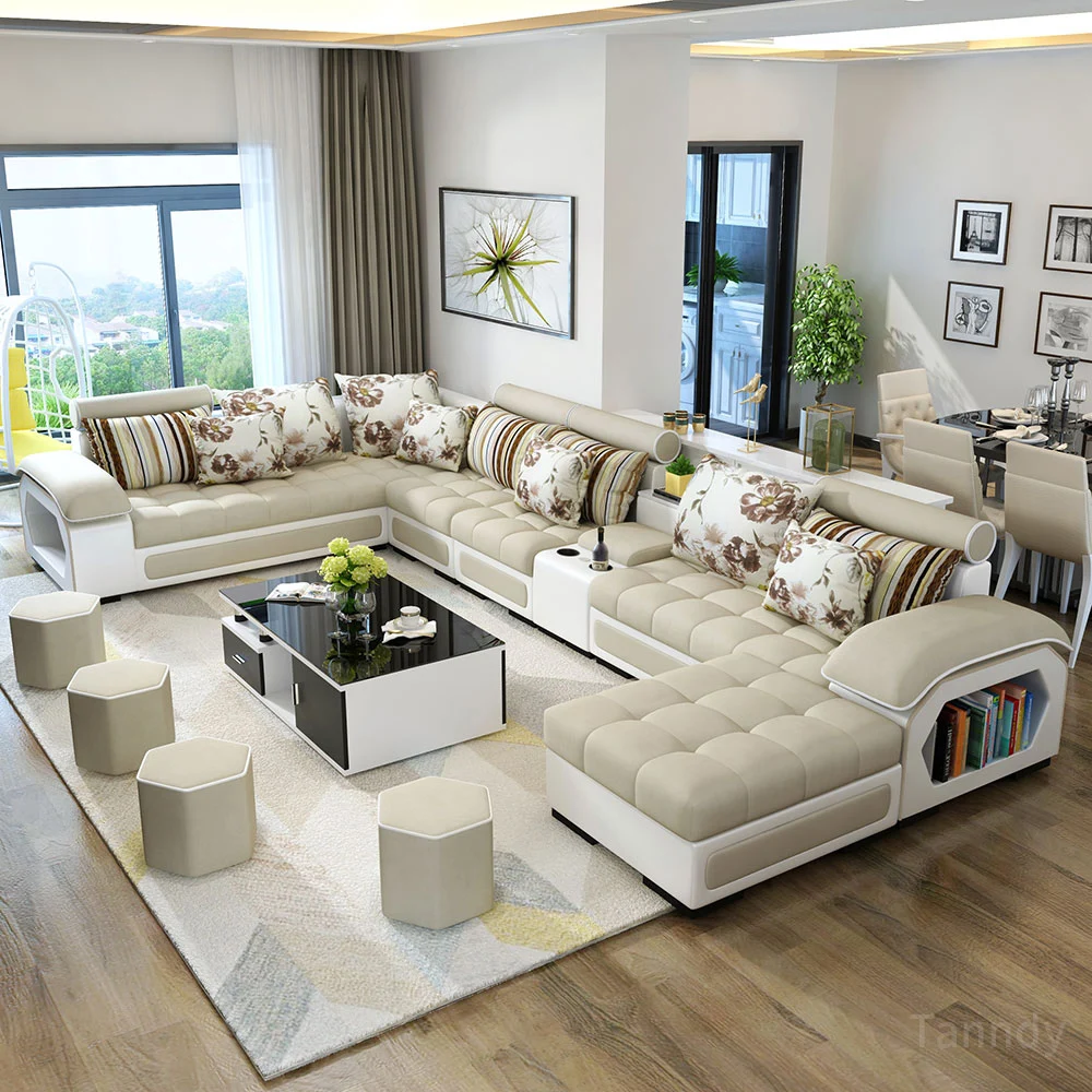 Modern Design Leather Fabric Rice White Functional Sectional Sleeping Sofa Bed 7 Seater Sofa Set Furniture Living Room Sofas