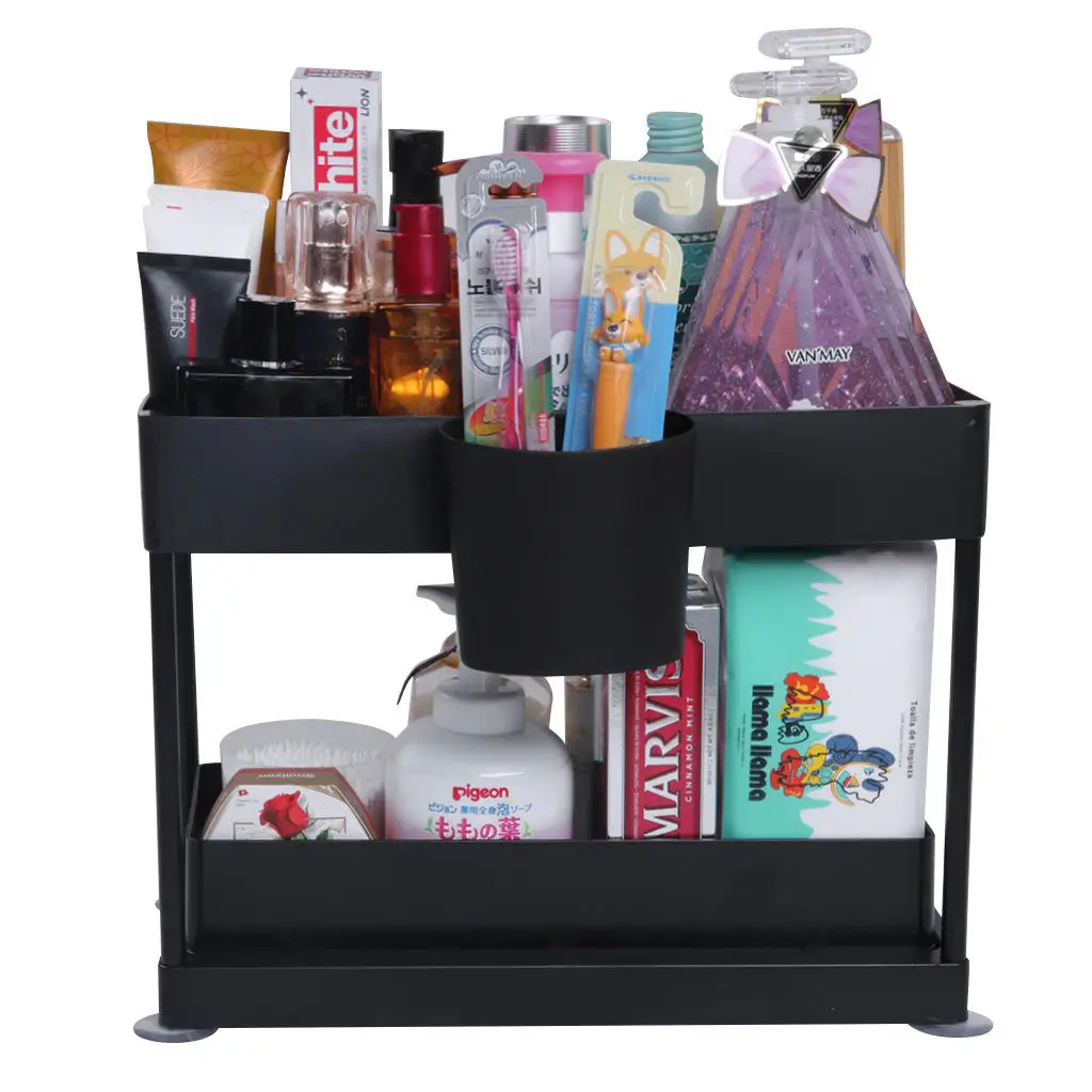 GQK Modern 2-Tier under Sink Organizer for Bathroom or Kitchen Black Drawer with Sliding Cabinet Basket