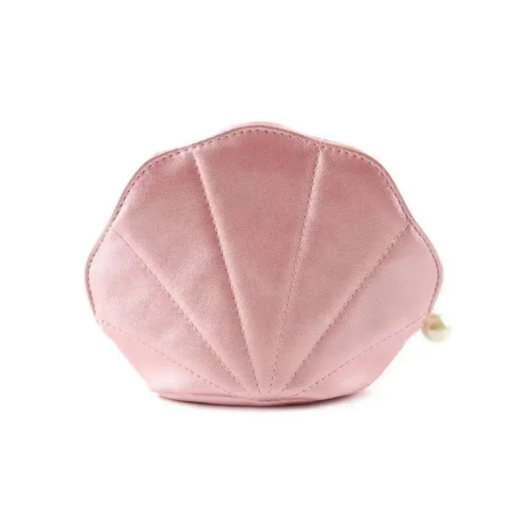 Mini Pink Cute Shell Shape Zipper Pu Leather Cosmetic Wallet Coin Pocket Bag