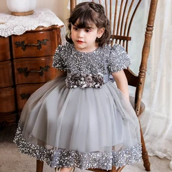 Children Christmas Girl Party Dress Beautiful Girls Birthday Dress Fancy Short Sleeve Sequin Kids Dresses