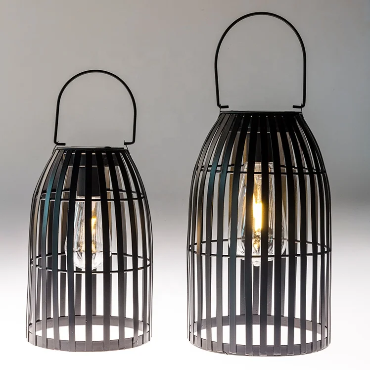 Kanlong outdoor garden bamboo solar metal lantern with plastic filament bulb and solar panel