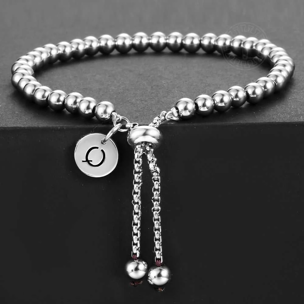 Stainless Steel Adjustable Beaded Bracelet Customized Letter Charm Bracelet for Men Women Jewelry Gift