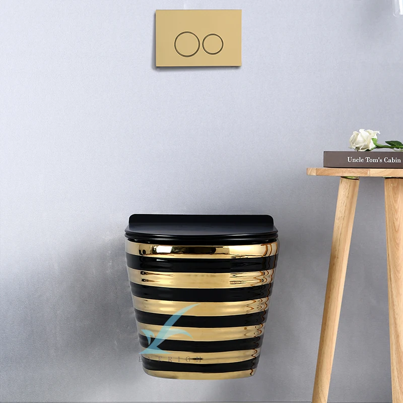 New Design Small Luxury Black Gold Plated Toilet Bowl Gold Classical Wall-Mounted Toilet Bathroom Wall Hung Toilet