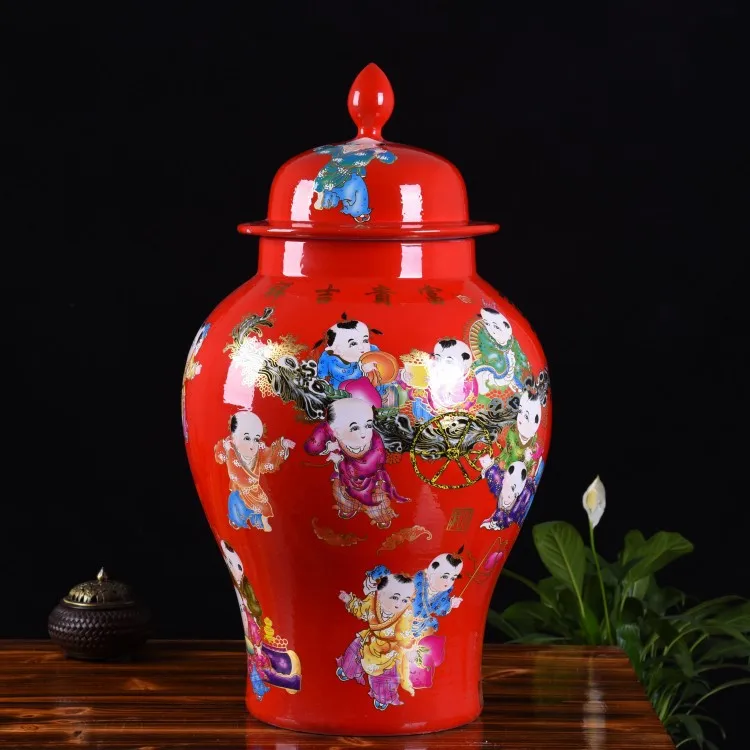 Chinese red large general jar  ceramic floor to ceiling large vase  wealth auspiciousness  indoor decoration foyer ornaments