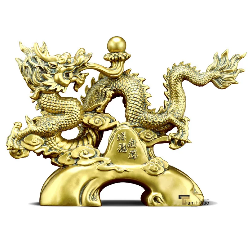 Wood Grain & Gilded Chinese Lucky Fengshui Resin Dragon Sculpture Craft Dragon Statue