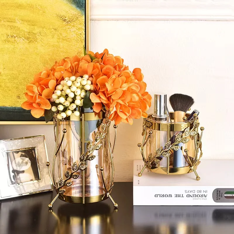 Gold luxury household decoration home accessories tabletop artifacts ornaments wedding decorative metal flower vase storage box