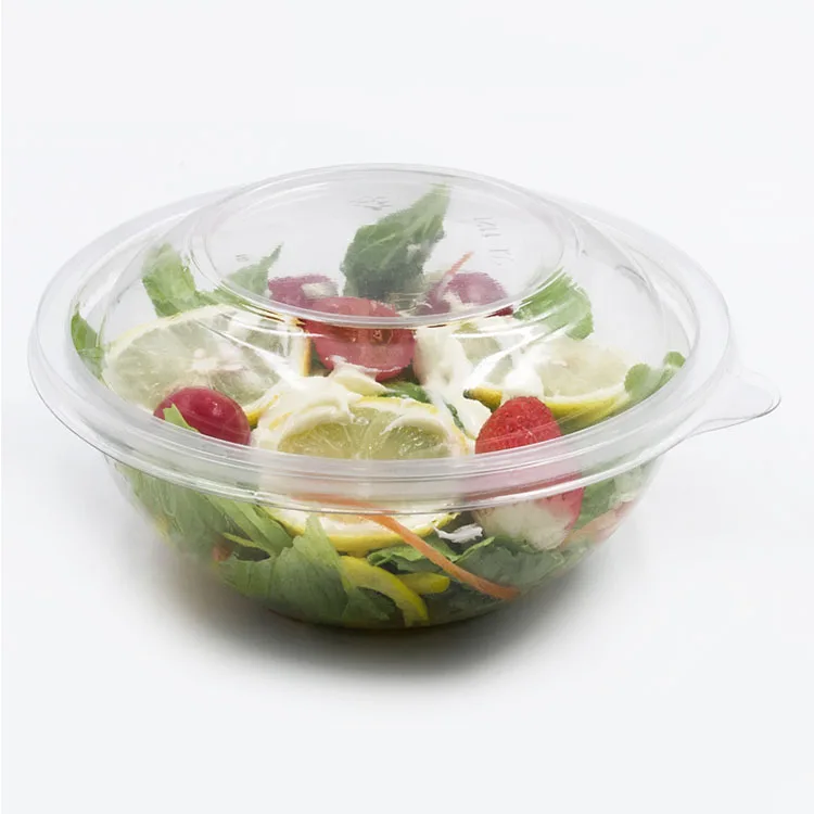 Wholesale Recycled PET Plastic Salad Containers Customizable Round To-Go Transparent Bowl with Disposable Lid Cover