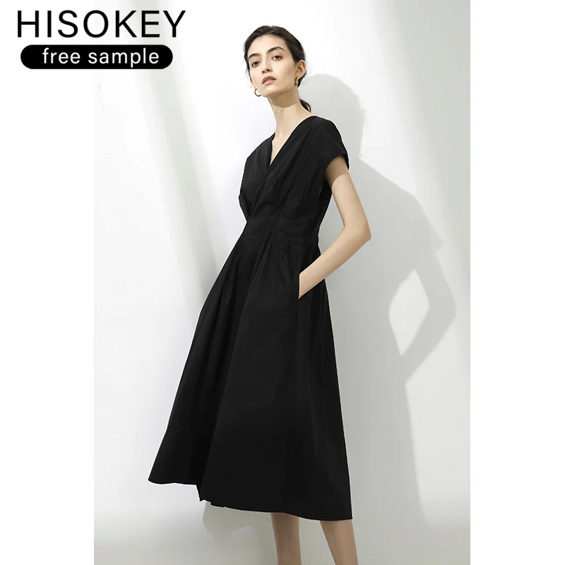 HISOKEY Fall Minimalist v-neck elegant vintage Solid color dress dresses women ladies classy women clothing