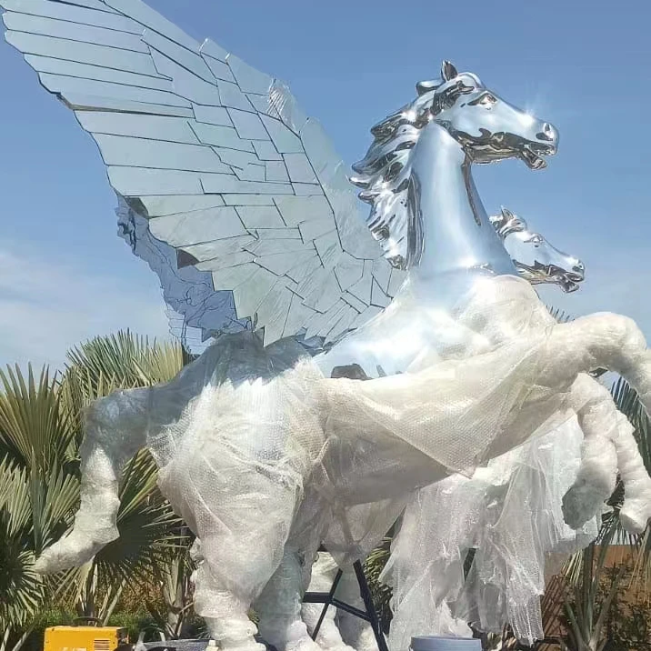 Custom handmade polished metal art statue animal horse with angel wing decor outdoor sculpture