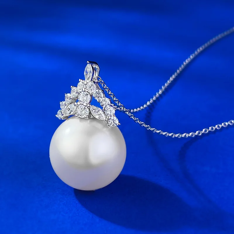 Europe And America New S925 Silver Zirconia Jewelry, Crown Design 16mm Pearl Necklace Pendant Female Daily Fashion