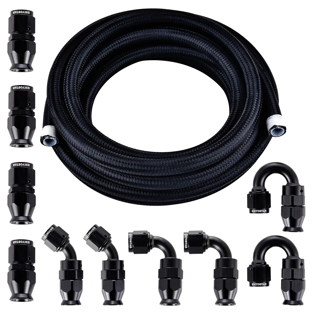 6AN 5/16' PTFE Fitting Kit E85 Hose Braided Fuel Injection Line Fitting Kit 16FT Nylon Stainless Steel Black Braided Oil Pipe