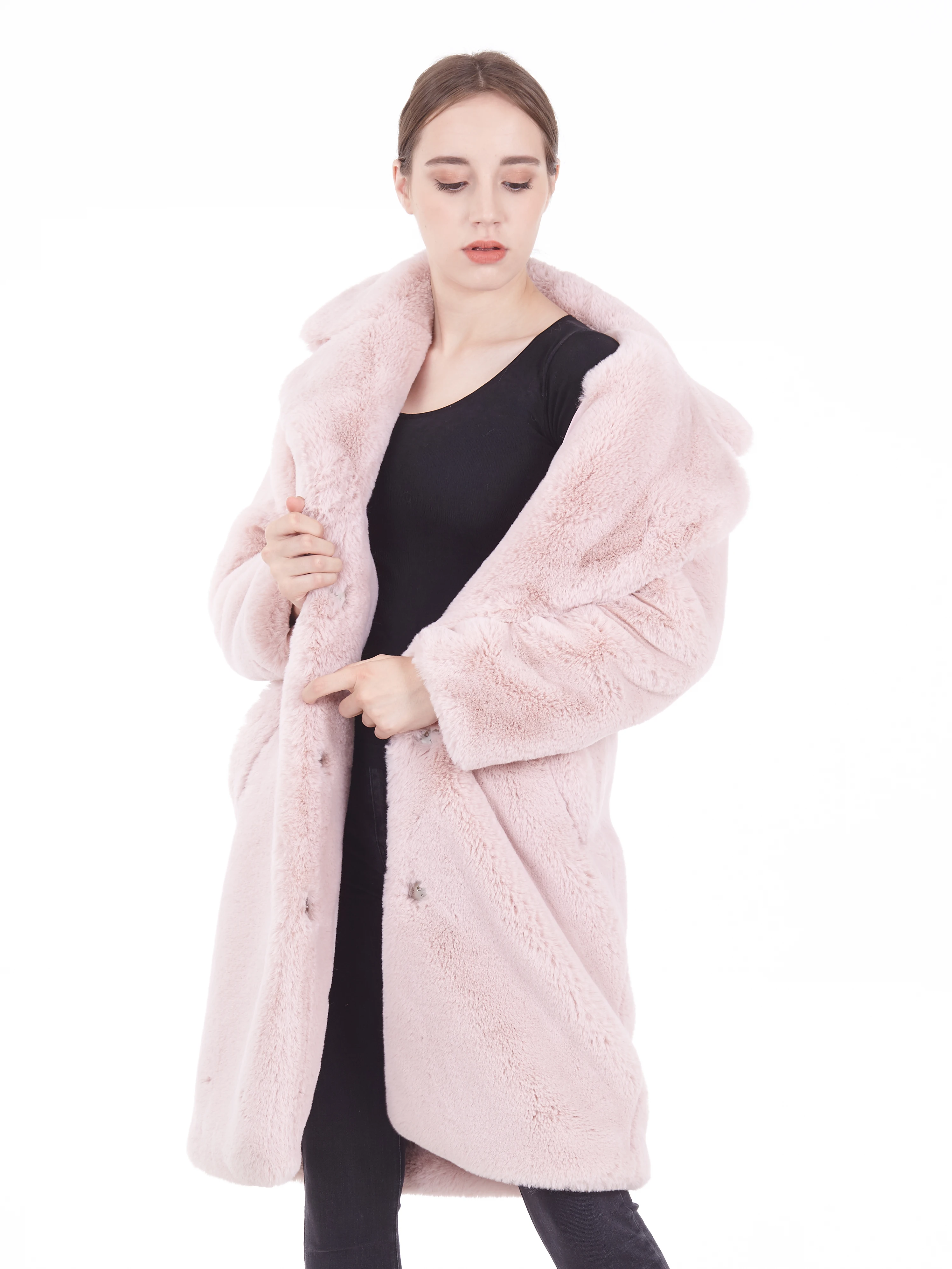 Высокое качество отложной воротник Ультра-мягкий искусственный мех кролика Обнаженная Зима Женское длинное пальто