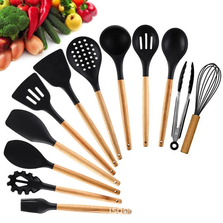 Food grade portable wooden silicone personalized kitchen utensil set modern baking cooking tools