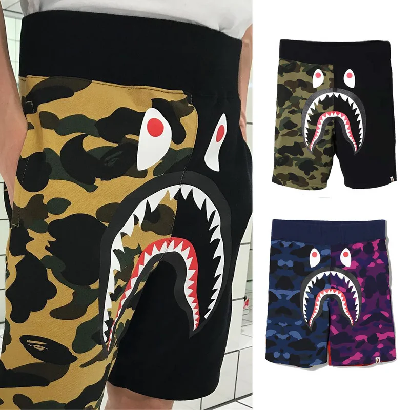 Hot Sale Shark Head Double color stitching mens sweat shorts cotton for Bape with Asian size