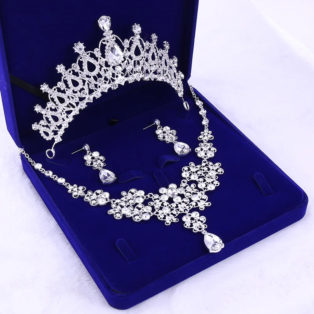 Wholesale Girl Bling Bride Hair Accessories Tiaras Earrings Necklace Wedding Crown Jewelry Set With Box
