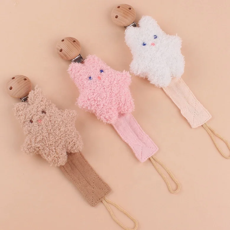 Customized Baby Pacifier Dummy Soother Holder Chain Clips Wood Clip Soft Cotton Baby Pacifier Holder
