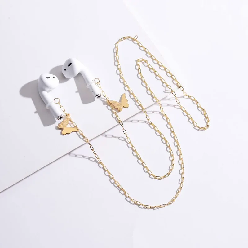 Wholesale Headphones Earphone holder Strap Anti Lost earbuds lanyard Gold Plated Chain Butterfly Necklace For Wireless Earphones
