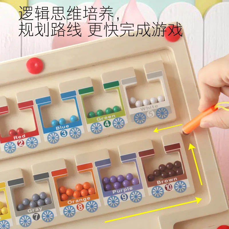 Montessori Train Maze Puzzle Board for Kids Unisex Cognitive Color and Number Counting Educational Magnet Toys Wooden Train