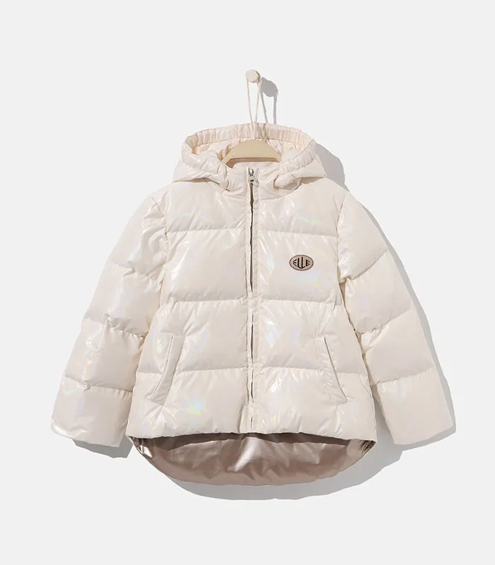 Winter duck feather leather coat lightweight quilted shiny fabric puffer kids girls down jacket