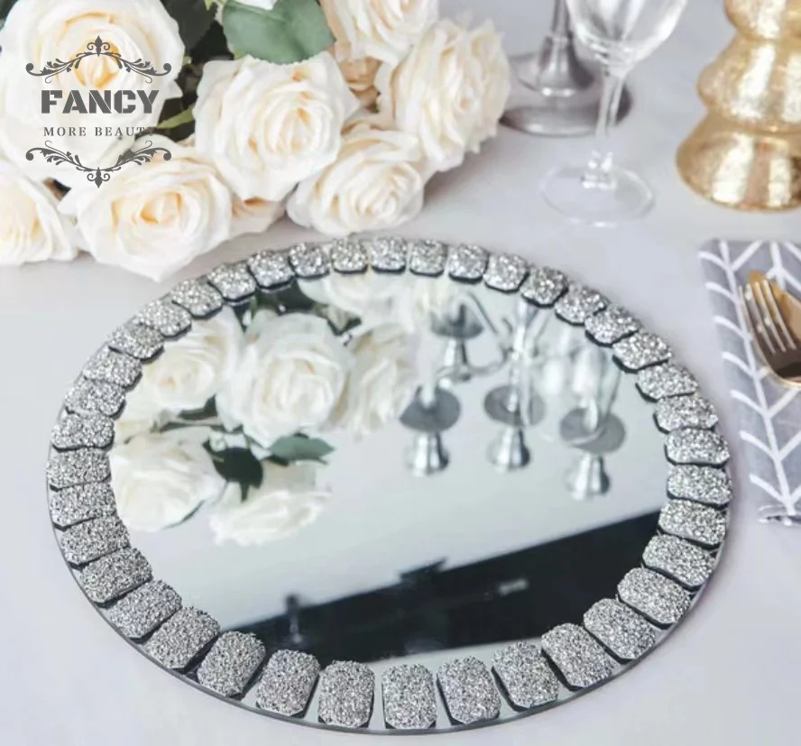 Round glass mirror plates spinning turn table tray perfume display candle holder bling sparkle charger plates