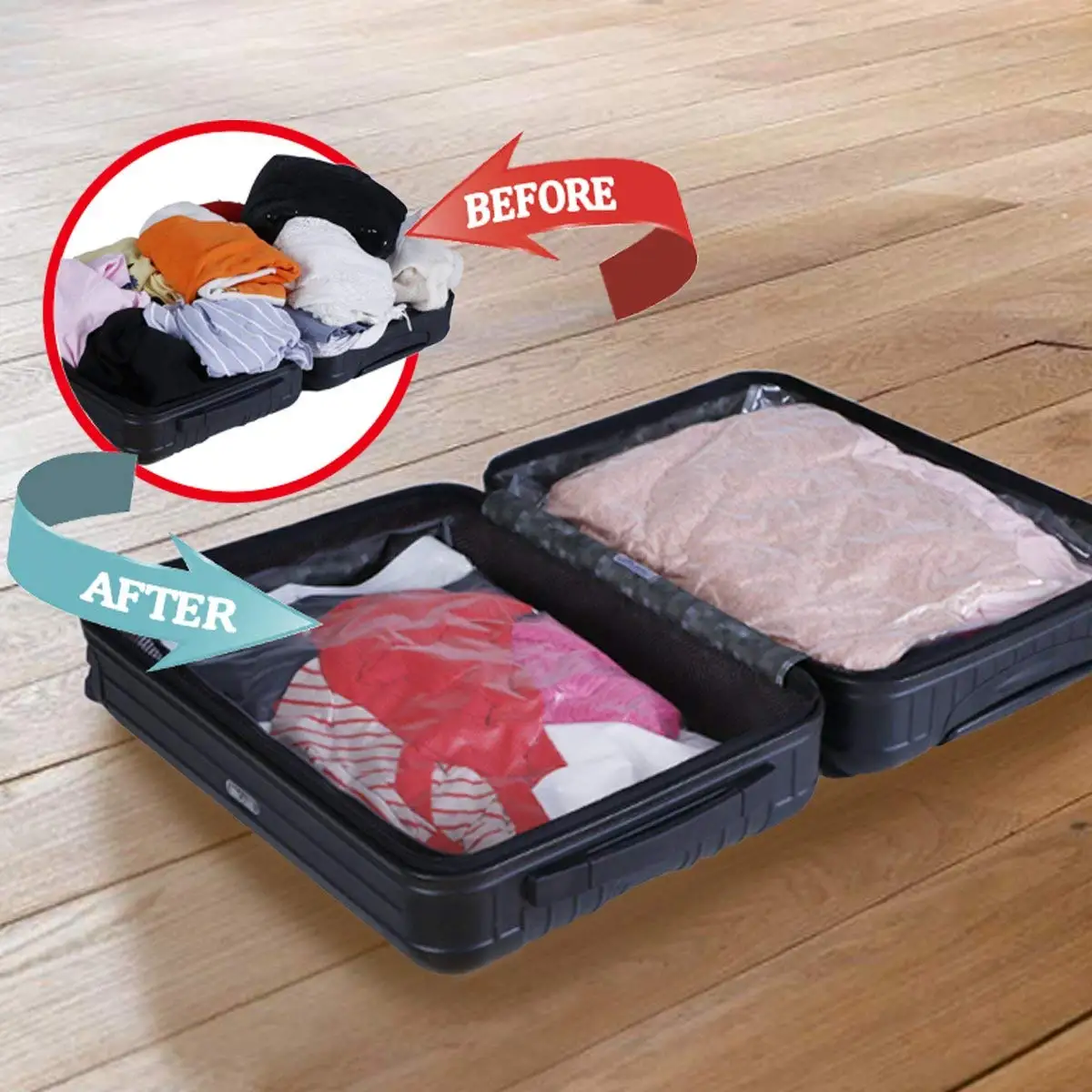 Clothing Vacuum Compression Bag with Inflator Hand Pump Space Saver Storage Pouch Travel Essential Storage Bags Transparent PA