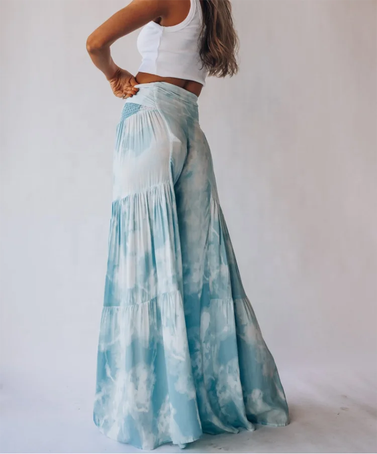 Модные свободные пляжные брюки с высокой эластичной талией и узлом синие плиссированные широкими штанинами для женщин