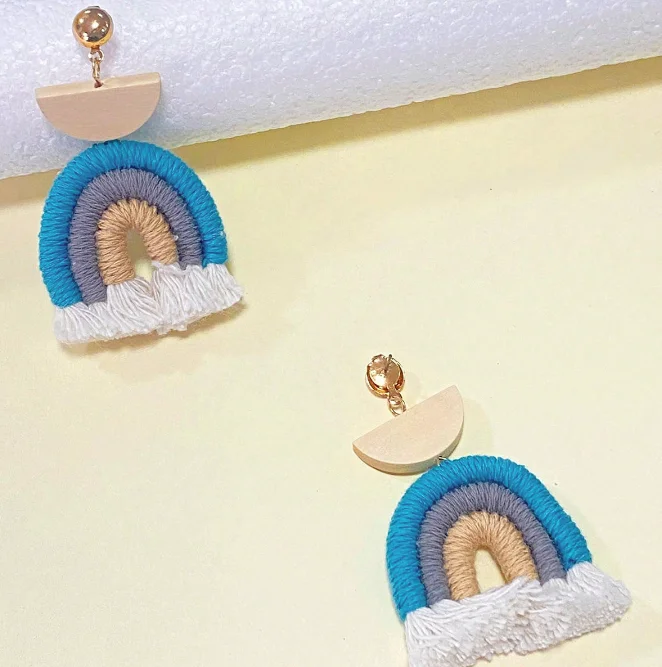 Bohemia Popular handmade rainbow fringe wood splicing versatile personalized earrings for women