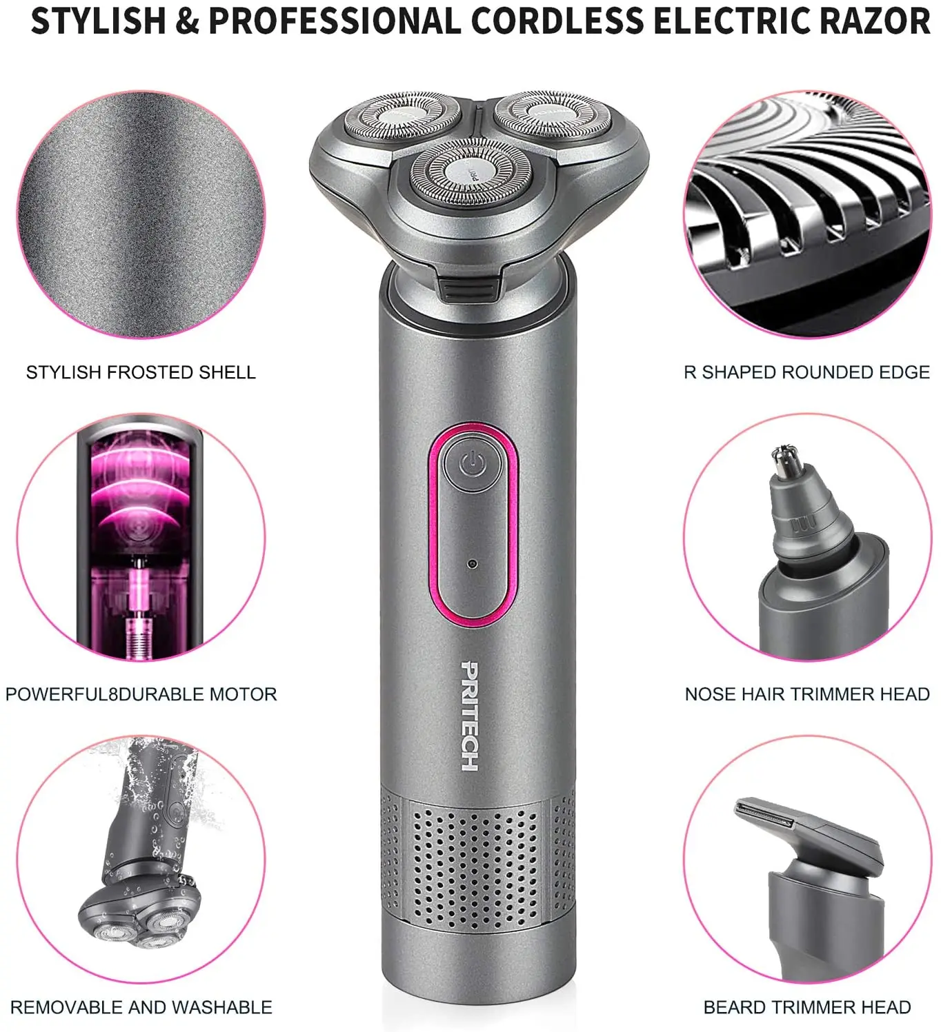 PRITECH IPX5 Floating Rotary Triple Blade Washable electric razor Rechargeable electric shaver for men