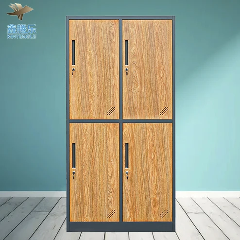 4-Door Personal Use Steel Wardrobe with Transfer Wood Grain Design Bedroom Furniture with Shelves for Home or School