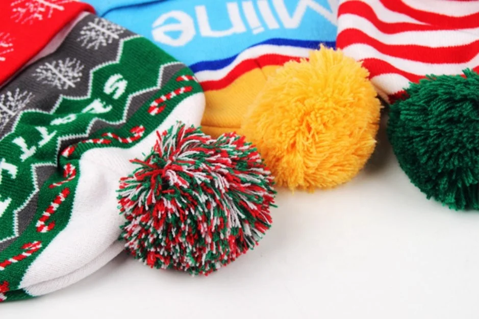 Acrylic Christmas Tree Jacquard Beanie Hat with Pompoms