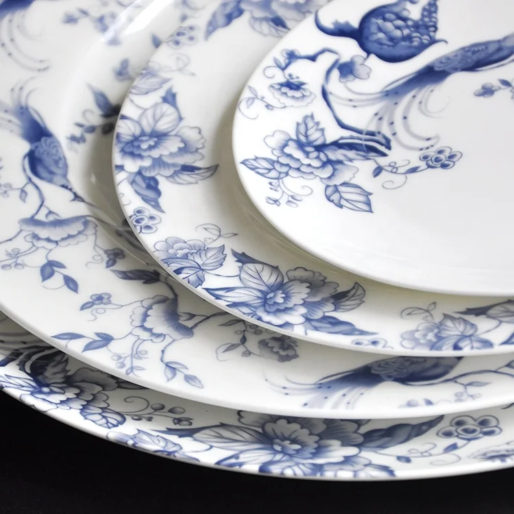 
Western dinnerware set ceramic blue white round dinner plates for restaurant 