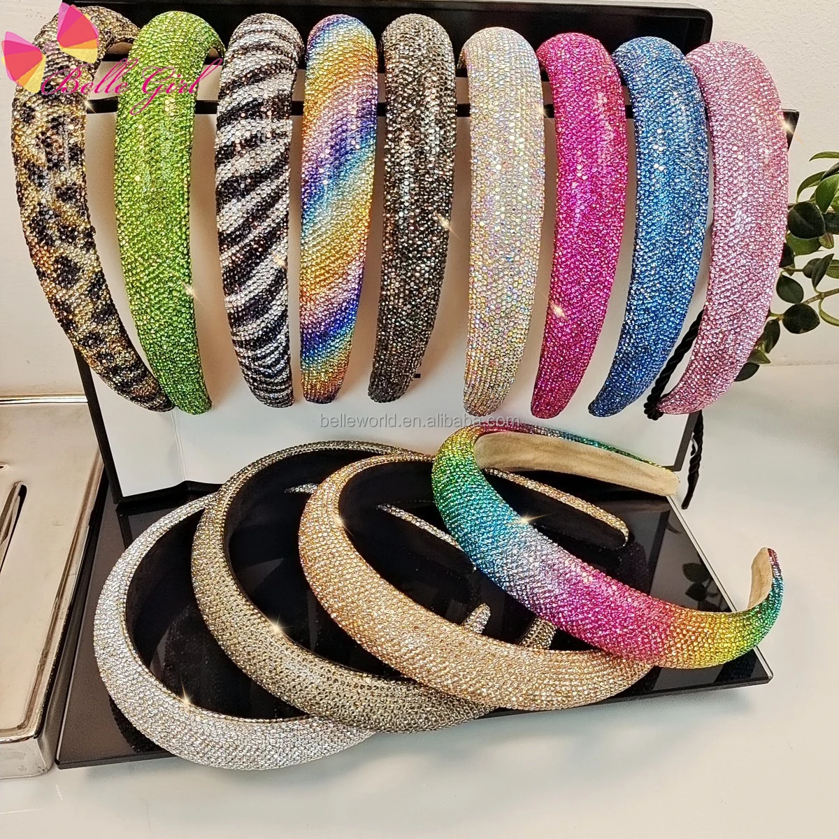 BELLEWORLD custom european hair accessories luxury full bling rhinestone hairband 2.5cm/3.5cm wide shiny headbands with crystals