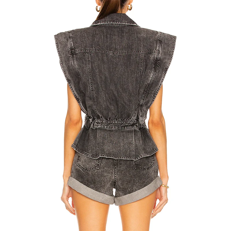 Faux Pocket Wholesale Plain Padded Shoulder Sleeveless Women Fashion Fashion Denim Jacket Vest