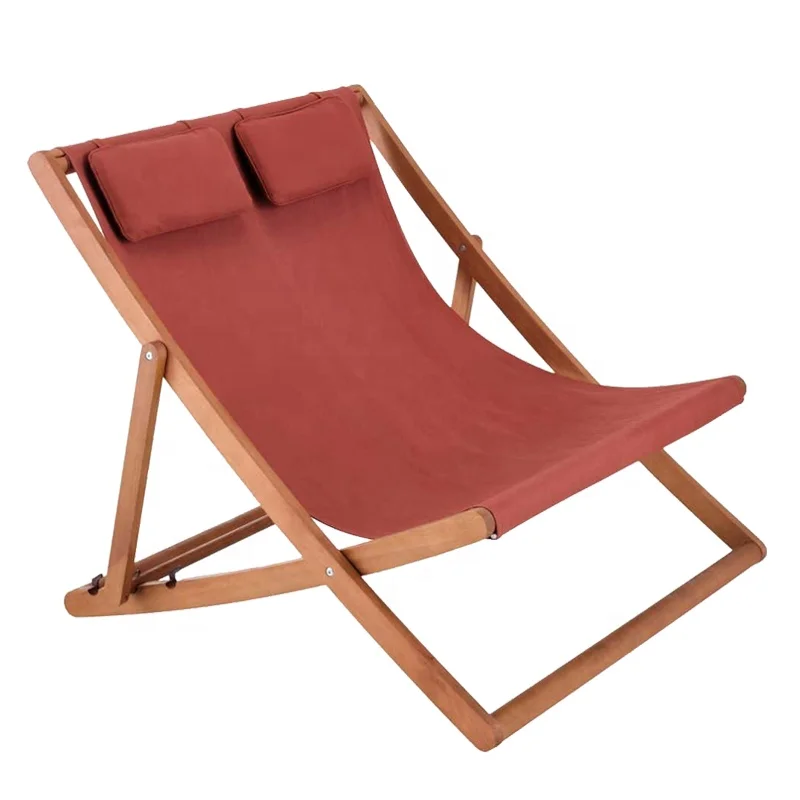 Custom Design Printed Outdoor Double Seat Cotton Canvas Wooden Foldable Sling Beach Lounge Chair Deck Garden Chair With Cushions