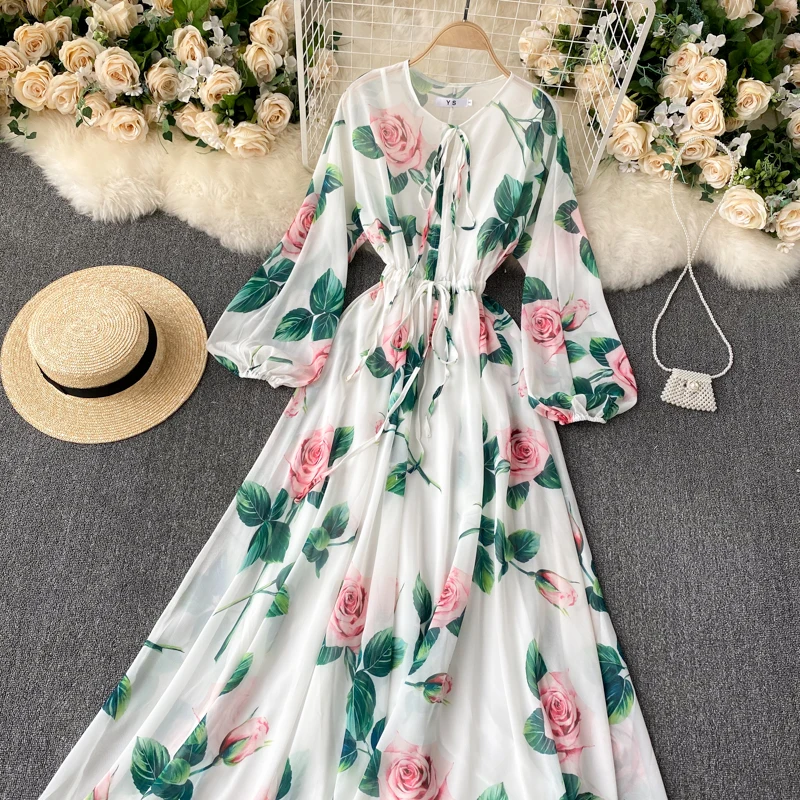 2022 Customized Tags Spring Summer Women French Floral Printed Long Dress