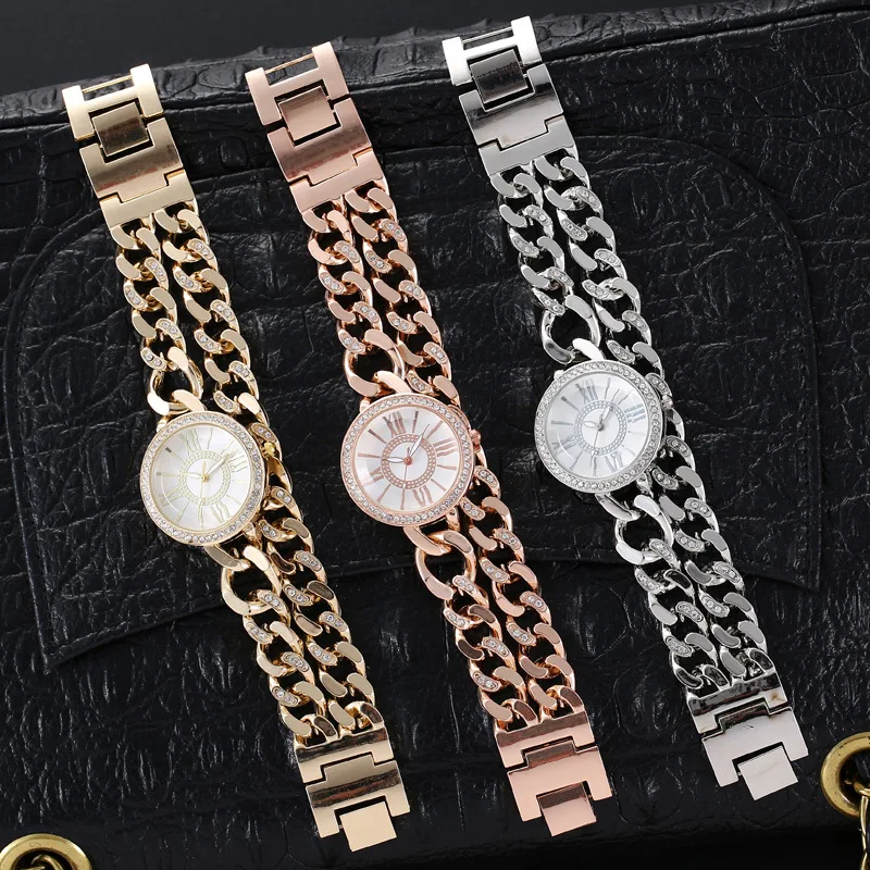 Luxury Pretty Dubai Design Roman Number Double Cuban Chain Link Diamond Bracelet Jewelry Set Gold Quartz Watches For Womans