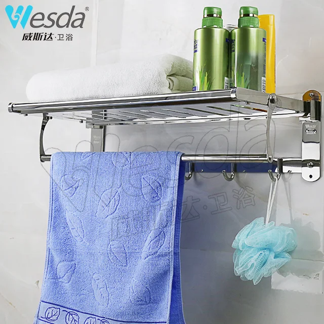 WESDA Bathroom Lavatory Wall Mount Towel Holder 304 Stainless Steel Hanger Towel Shelf with Towel Bars and Coat Hooks